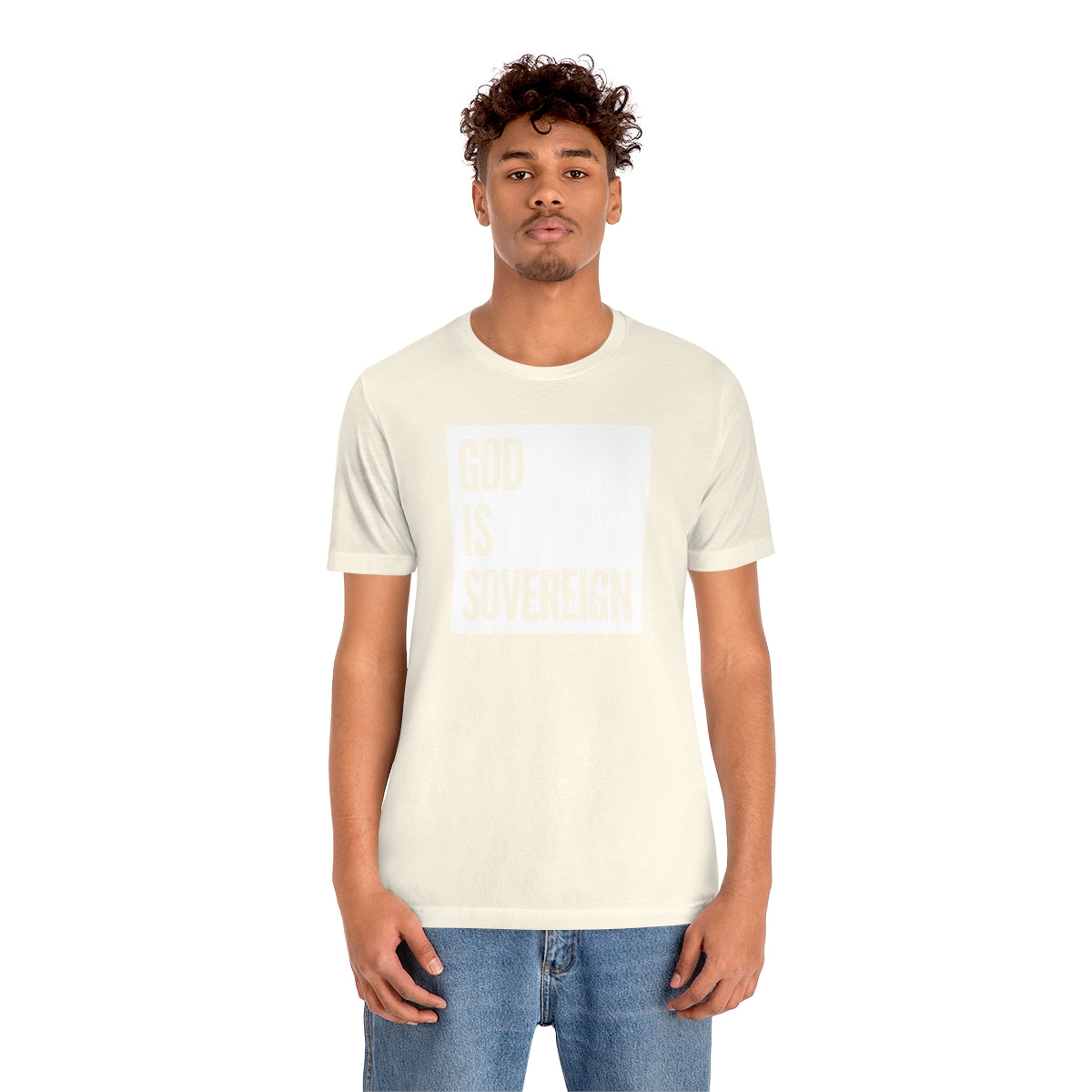 Gospel Affiliated God Is Sovereign White Box Unisex Jersey Short Sleeve Tee