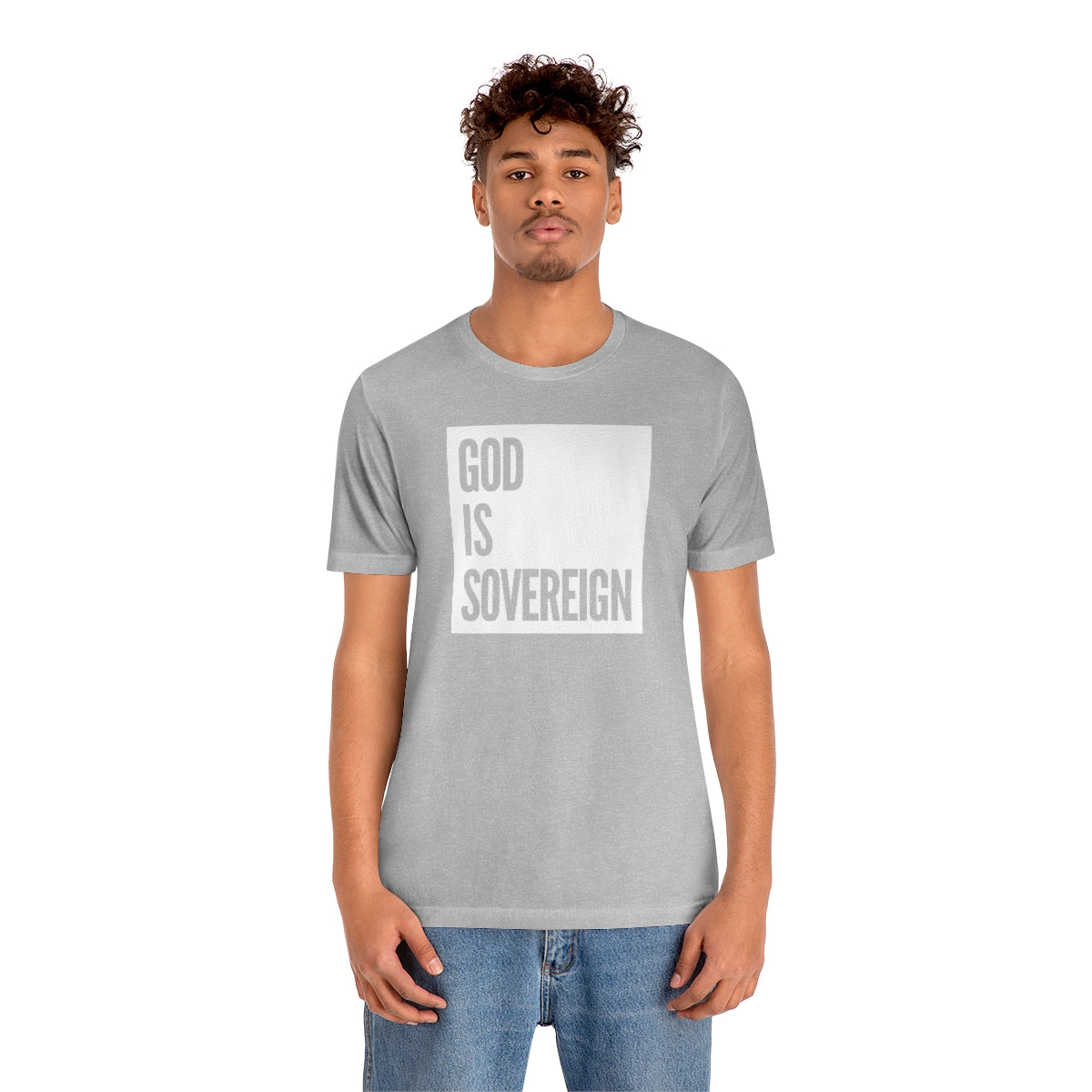 Gospel Affiliated God Is Sovereign White Box Unisex Jersey Short Sleeve Tee